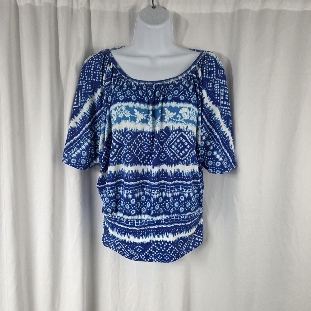 Uniti Shirt Womens XL Blue Scoop Neck Short Sleeve Dolman Geometric Jersey Top